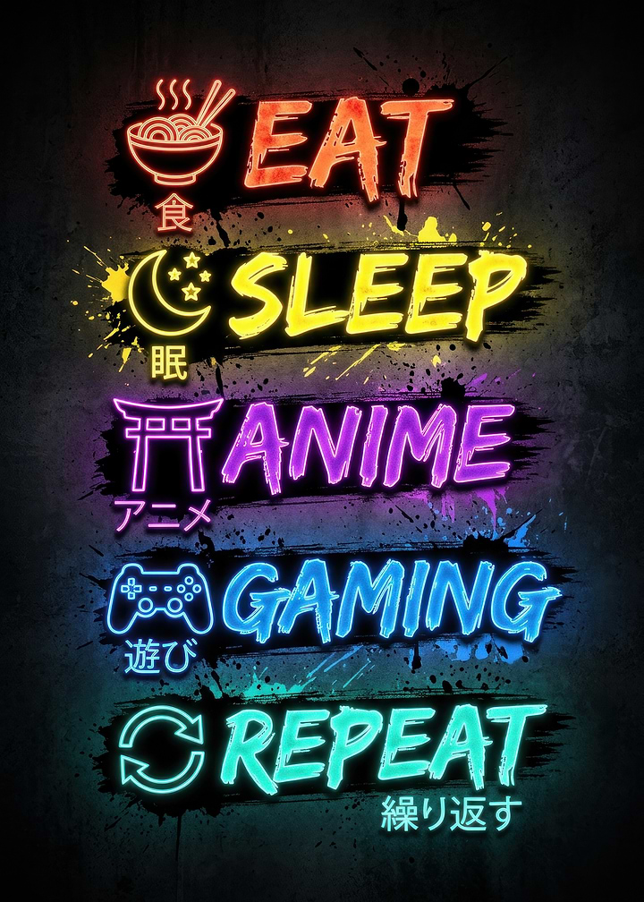Eat Sleep Anime Gaming Repeat Neon