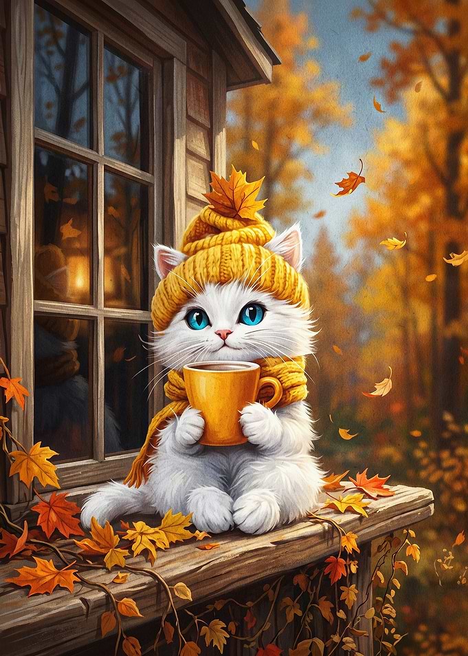 Autumn Cat Cute Coffee Poster