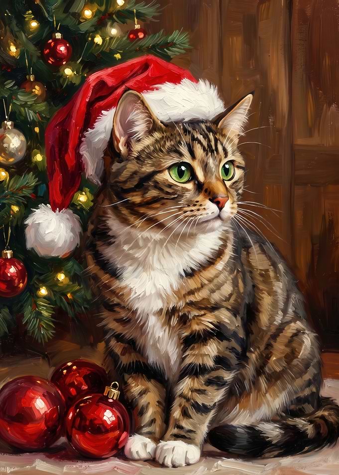 Tabby Cat Wearing Santa Hat