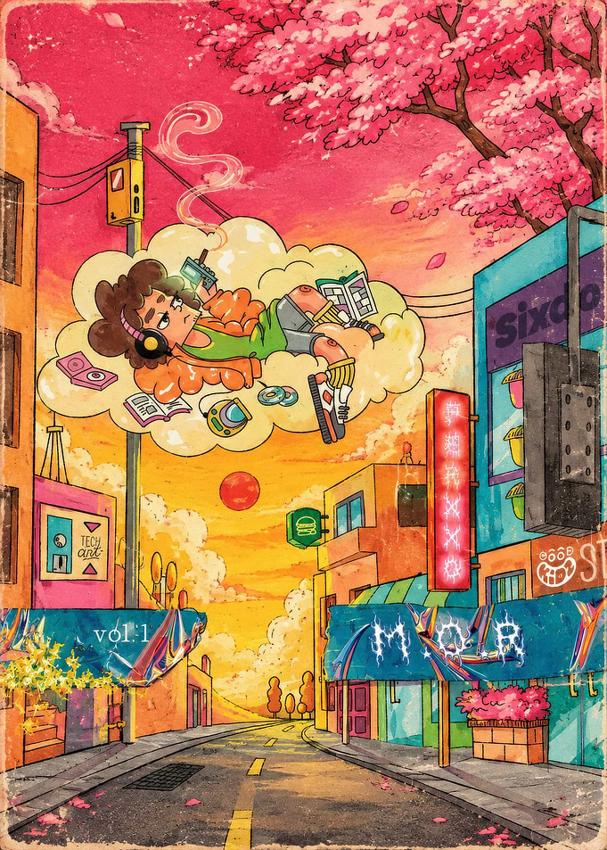 Anime Style Floating Character Cityscape