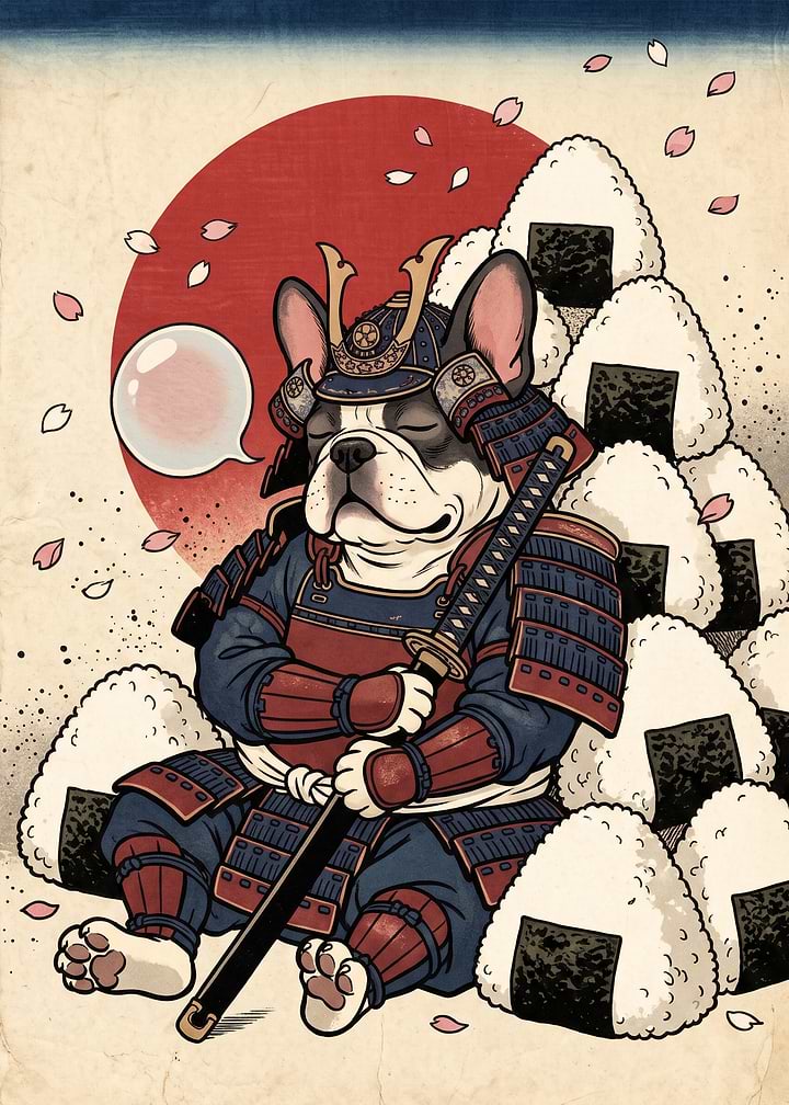 Sleeping Samurai French Bulldog with Onigiri
