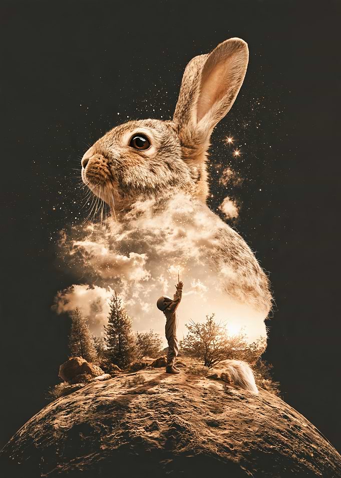 Surreal Rabbit Astronaut Double Exposure
