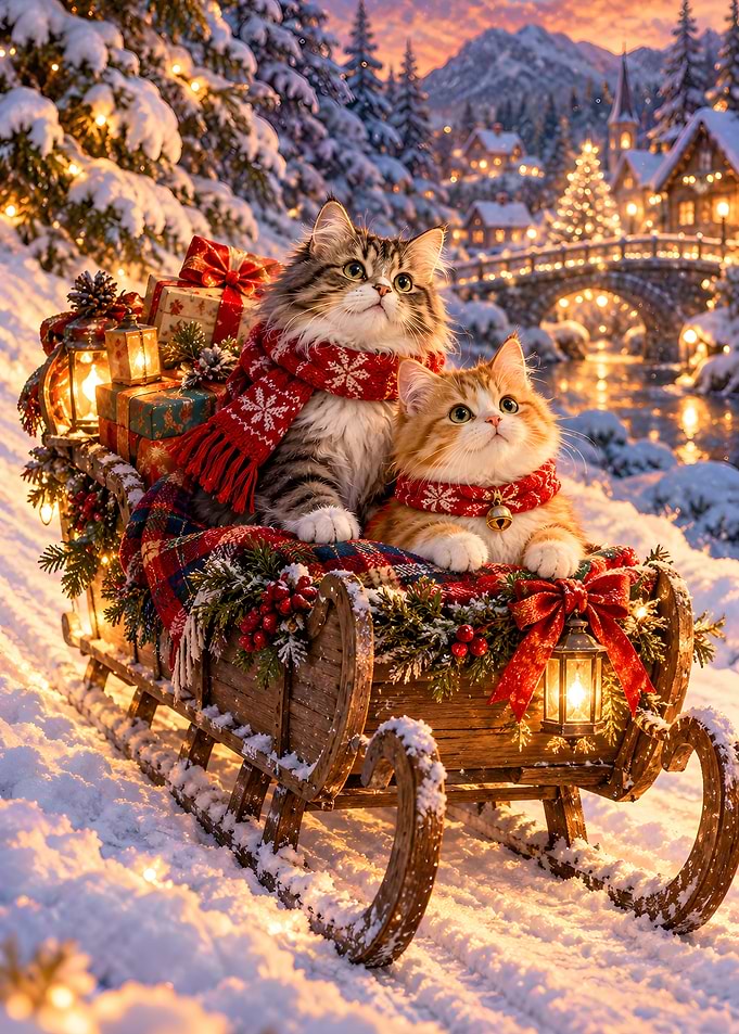 Two Cats Riding Christmas Sleigh