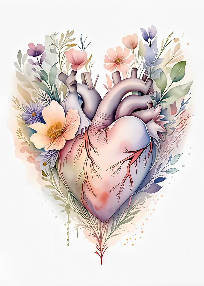 Anatomical Heart Surrounded by Floral Elements