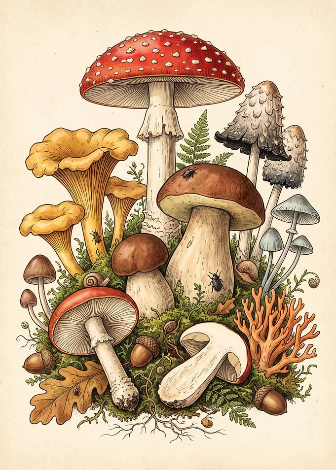 Botanical Illustration of Forest Mushrooms