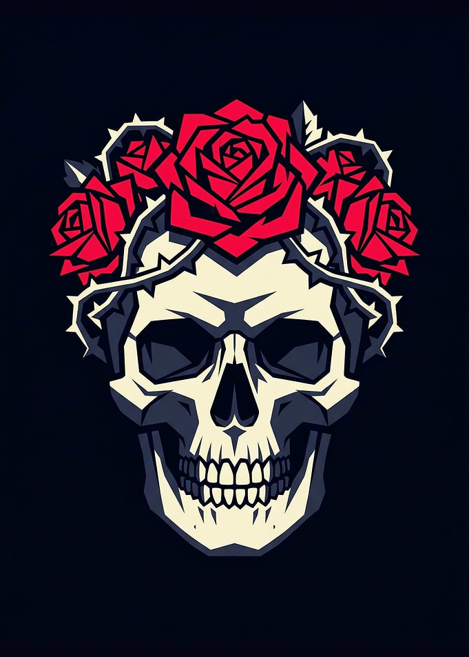 Skull with Red Roses Crown