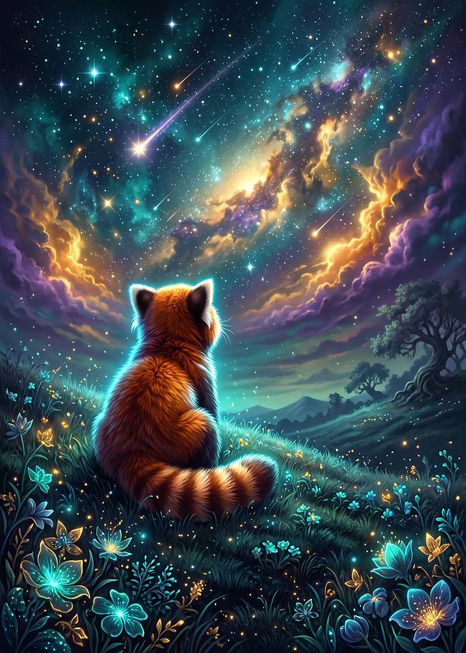 Red Panda Watching Magical Starry Sky