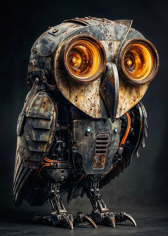 Steampunk Mechanical Owl With Glowing Amber Eyes