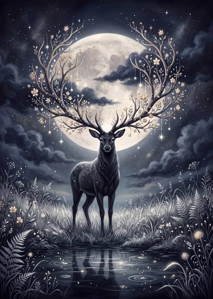 Mystical Deer Under Full Moon