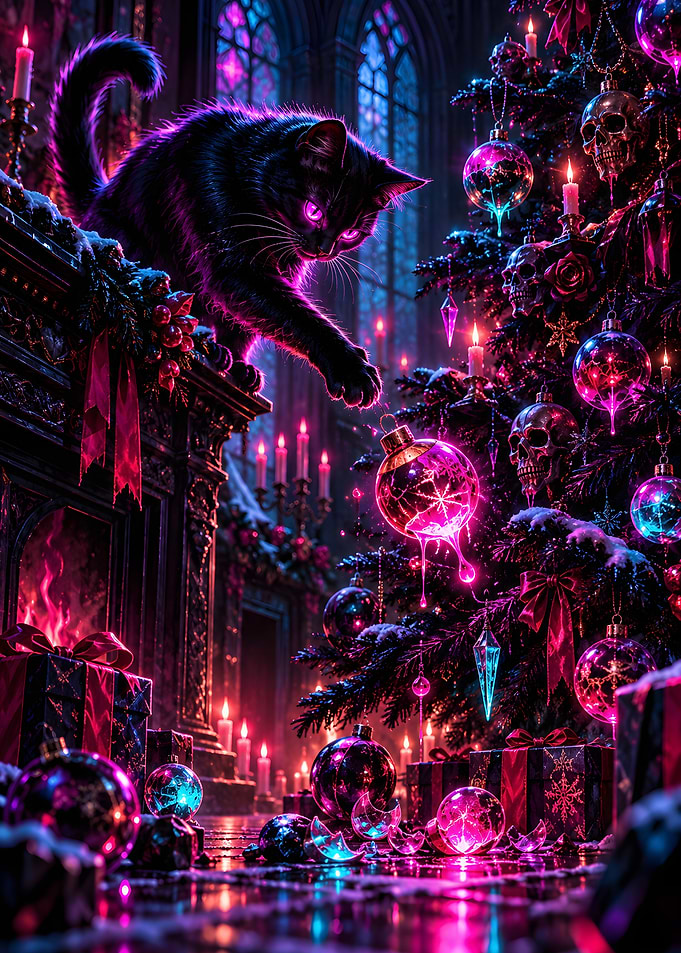Black Cat Leaping Gothic Christmas Tree