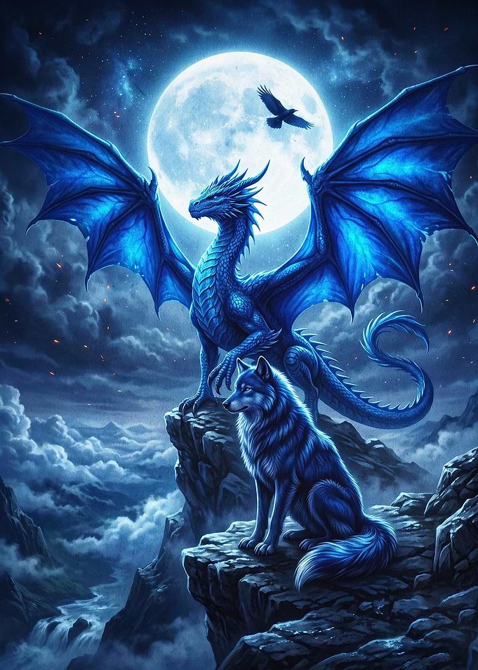 Blue Dragon Wolf Fantasy Art
