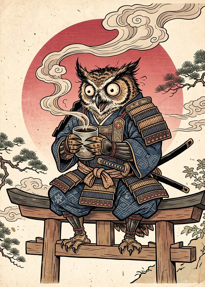 Samurai Owl Drinking Tea