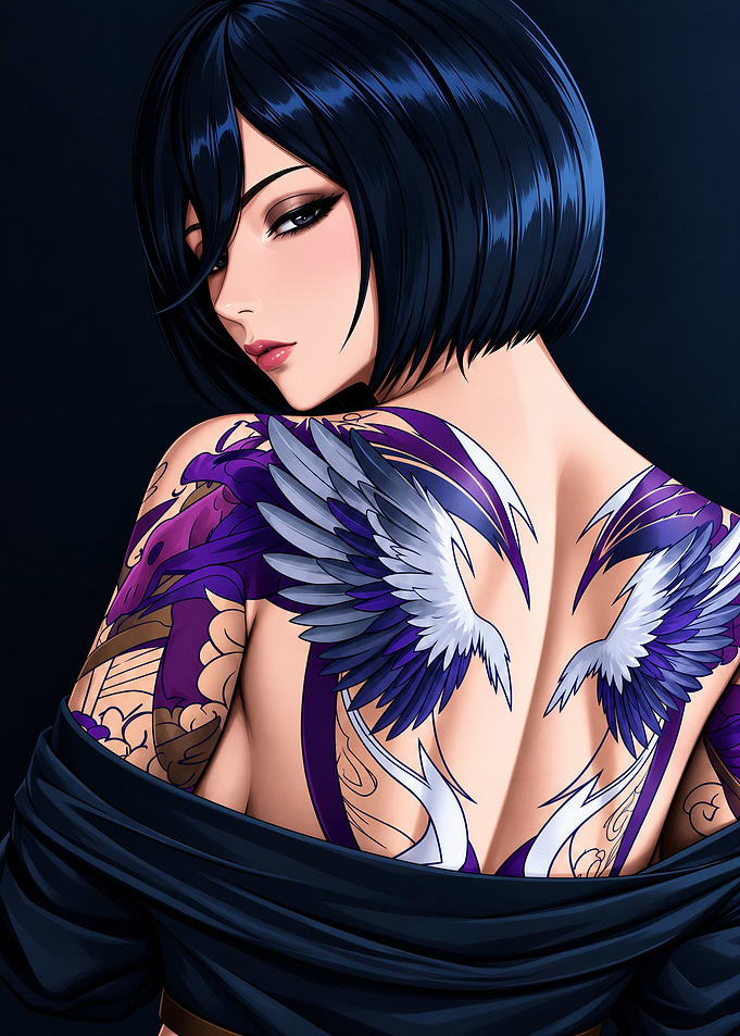 Anime Girl with Winged Back Tattoo