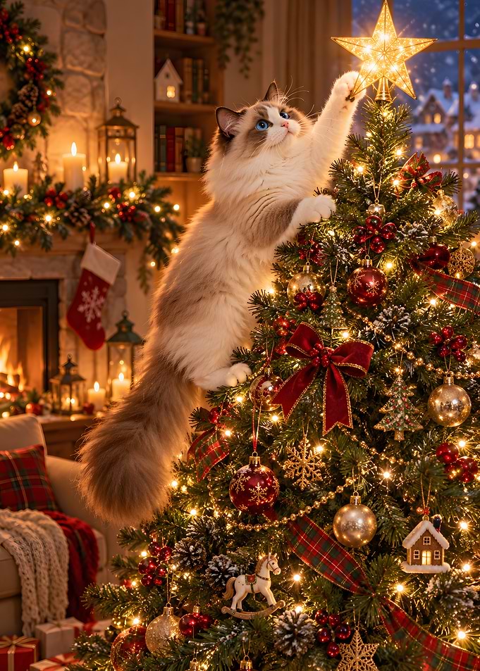 Ragdoll Cat Placing Christmas Tree Star