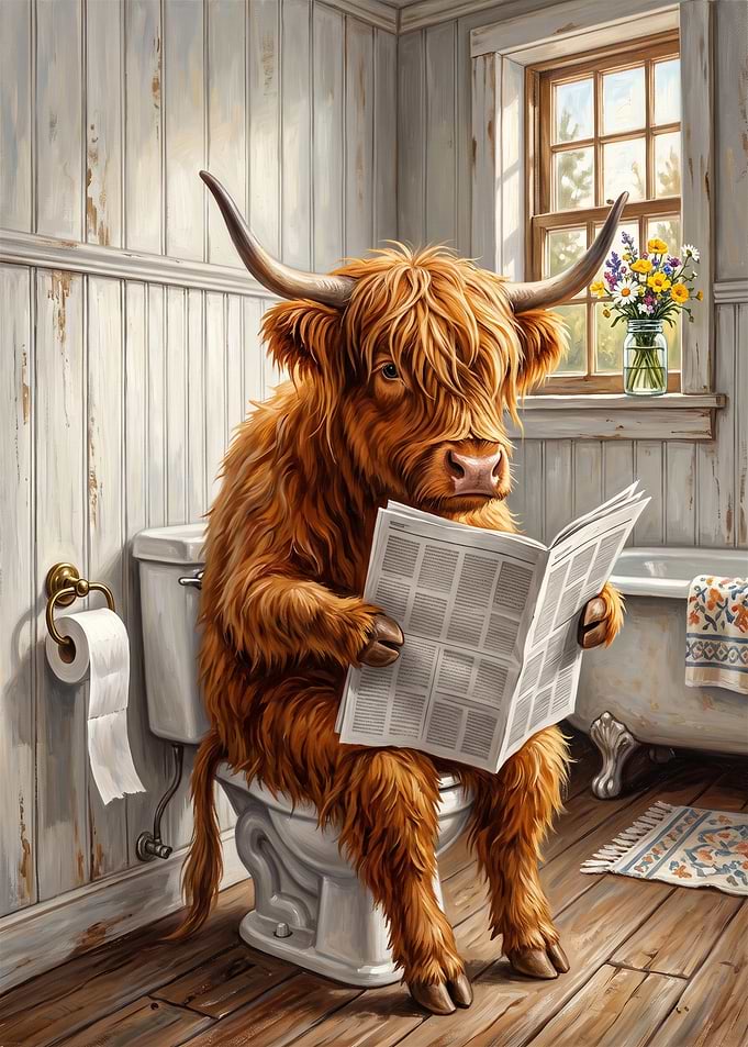 Highland Cow Reading Newspaper on Toilet
