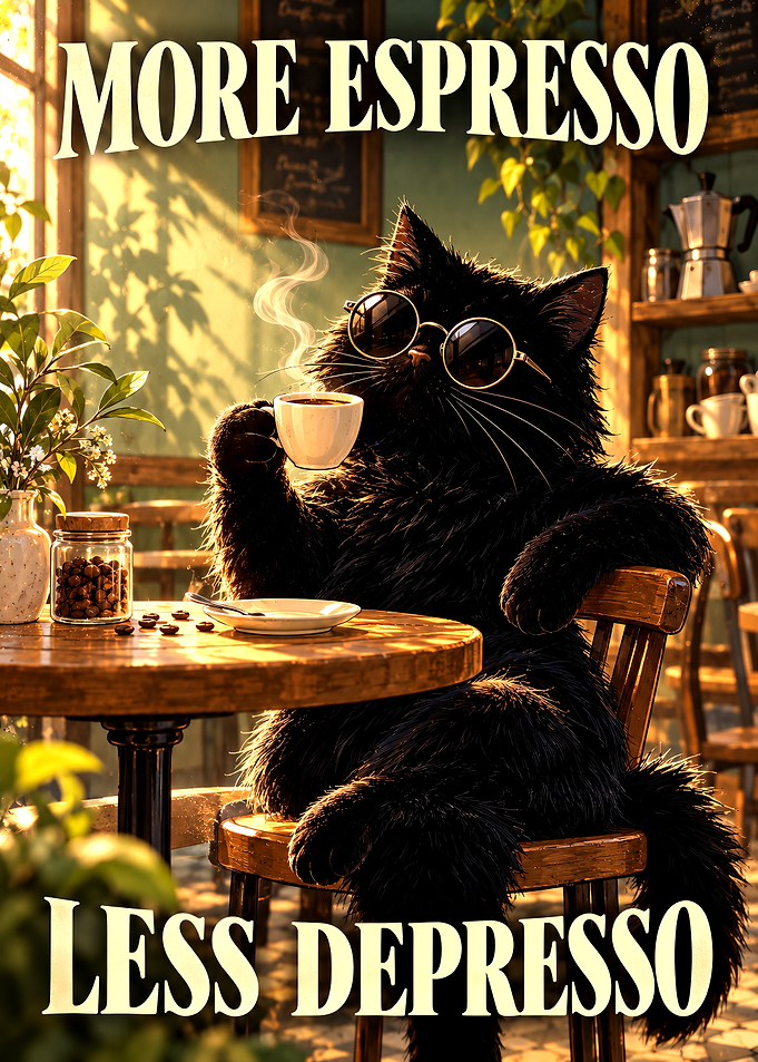 Cool Black Cat Drinking Espresso