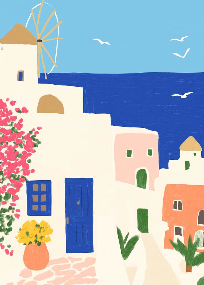 Santorini Windmill and Bougainvillea - Greek Island Art