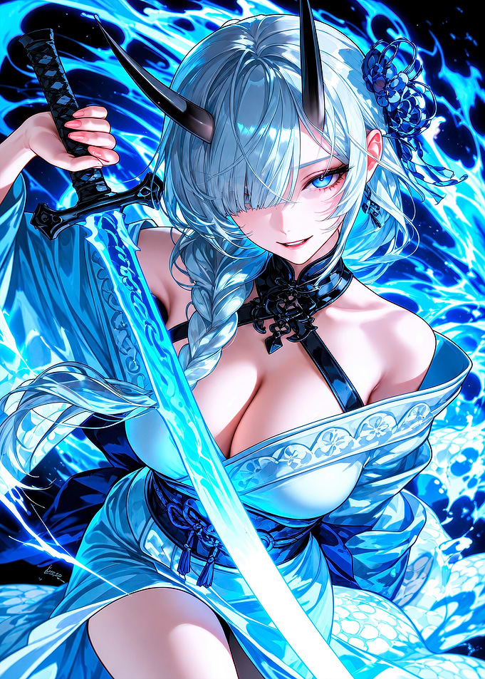 Blue Oni Warrior with Glowing Sword