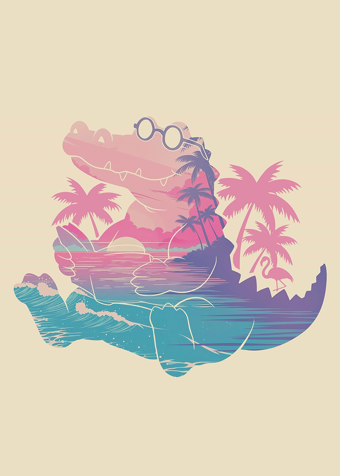 Cute Crocodile Tropical Retrowave Beach Sunset