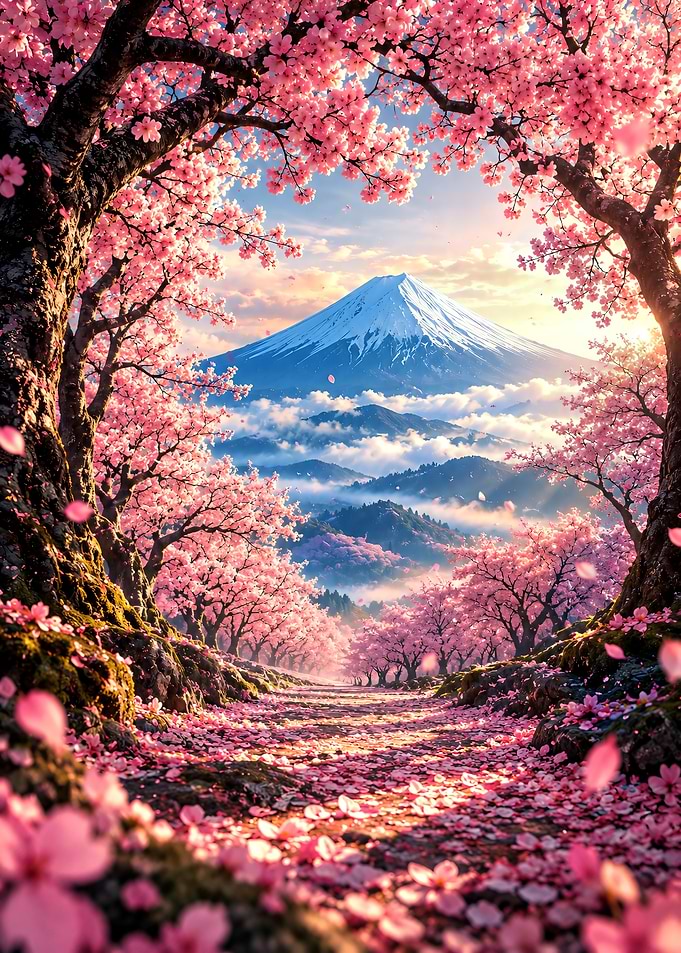 Mount Fuji and Cherry Blossom Path