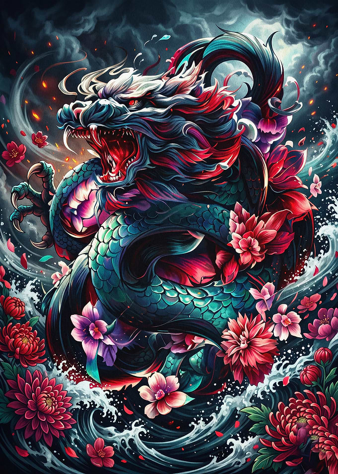 Dragon Japanese Flower Fantasy Art