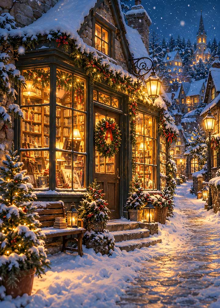 Snowy Bookshop Window Christmas Street