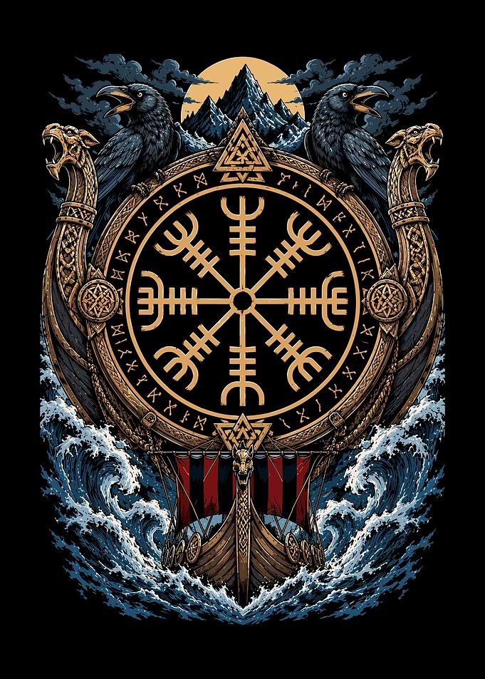 Viking Vegvisir Longship and Ravens Art