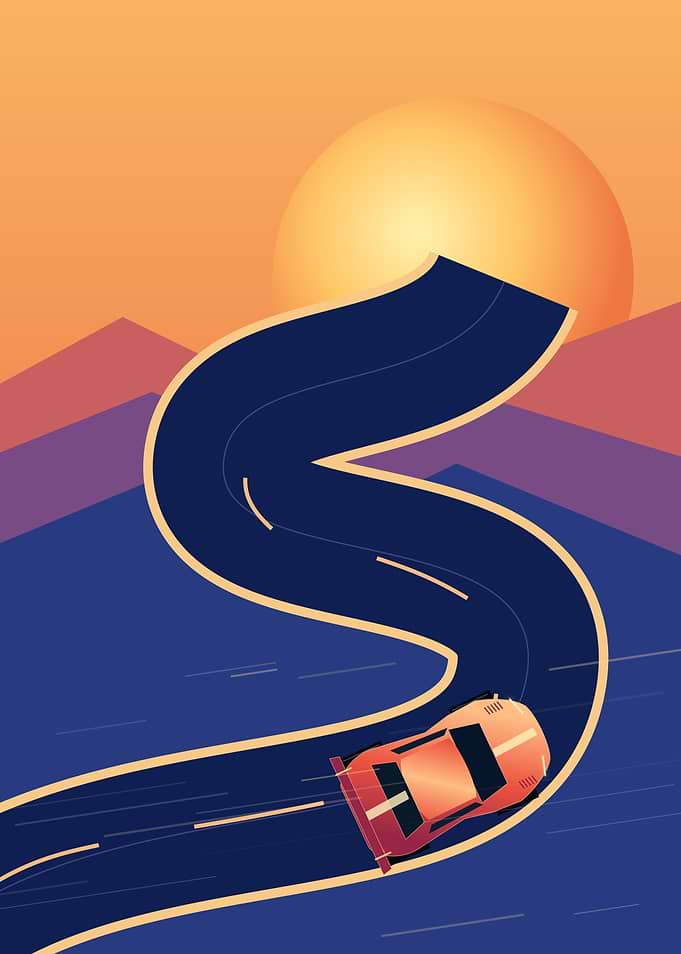 Minimalist Car Driving on Winding Road