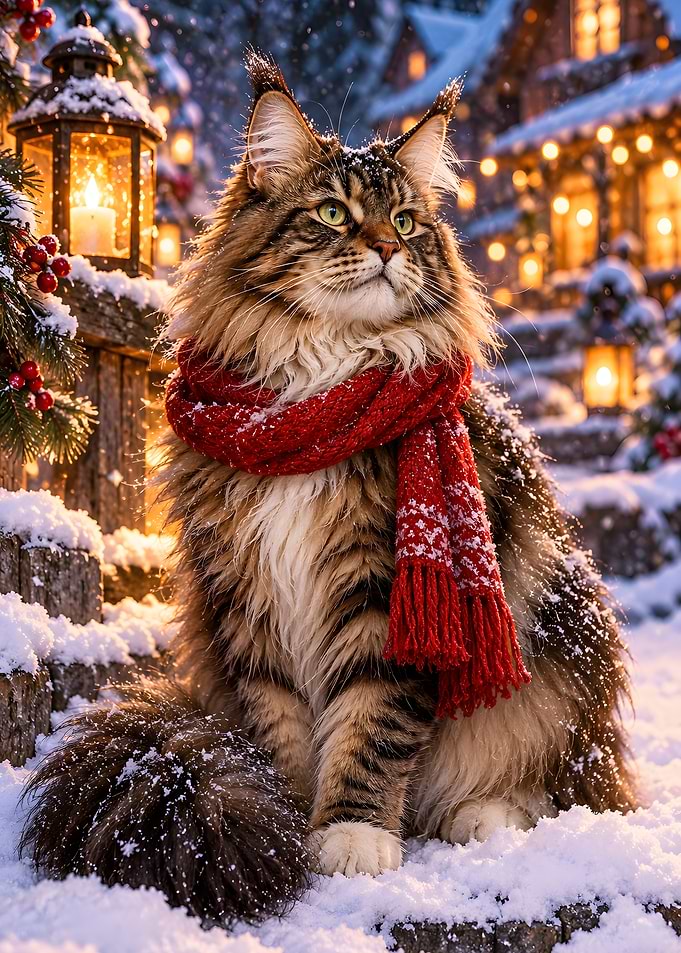 Maine Coon Cat Red Scarf Snowy Village