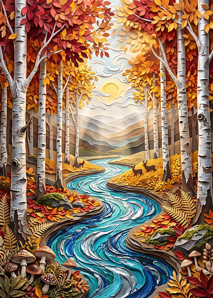Autumn Forest Birch Forest River Landscape Paper Cut 3d Art