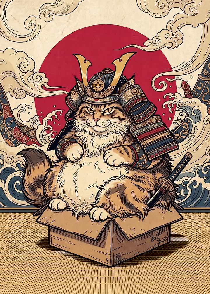 Fluffy Samurai Cat in a Box