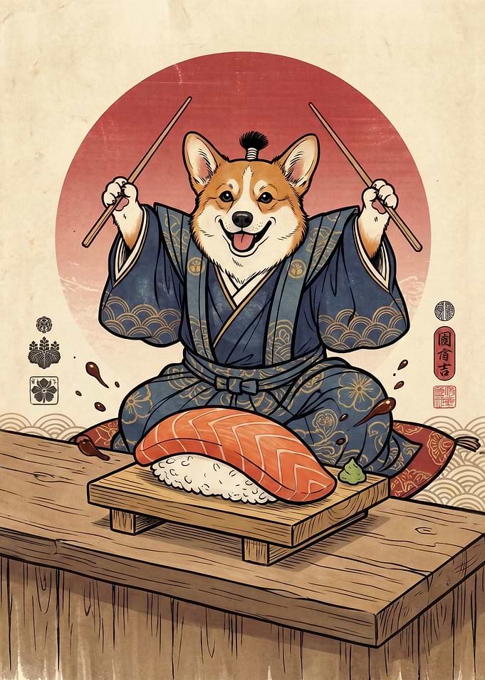 Samurai Corgi Preparing Salmon Sushi