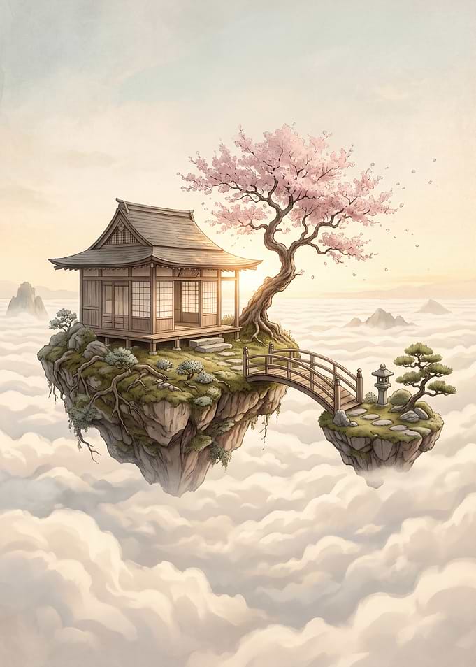 Floating Japanese Temple Above Clouds
