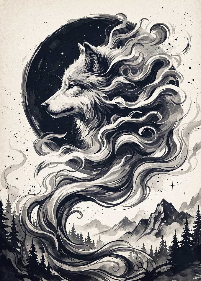 Wolf Smoke Moon Ink Art Poster