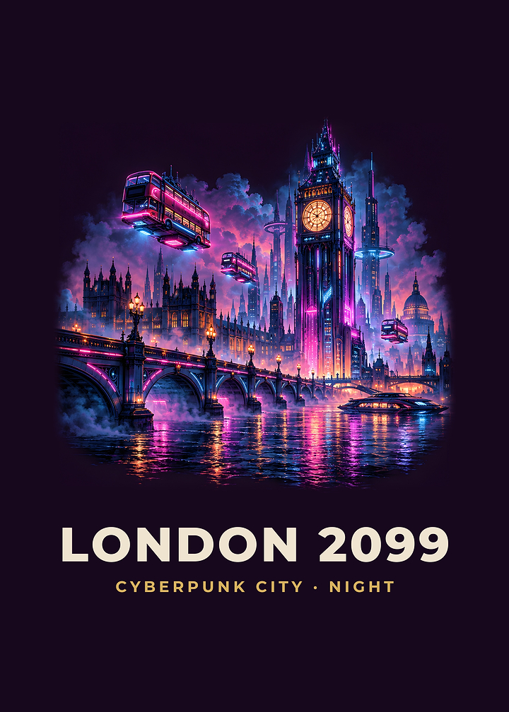 London 2099 Cyberpunk Thames Clock Tower Art
