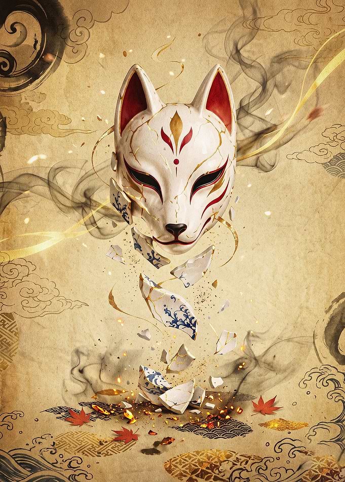 Kitsune Mask Shattered Japanese Art