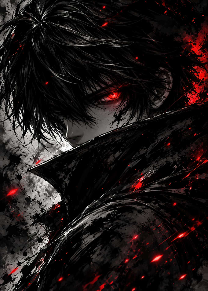 Dark Anime Boy with Red Eyes