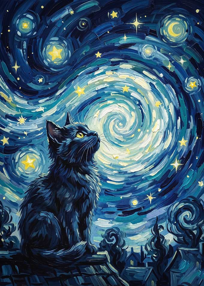 Starry Cat Night Sky Van Gogh Art