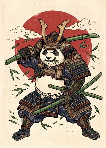 Panda Samurai Warrior with Bamboo Swords