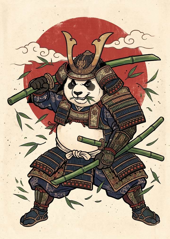 Panda Samurai Warrior with Bamboo Swords