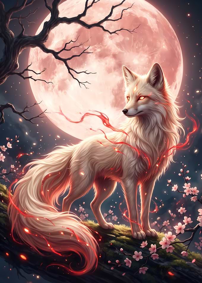 Mystical White Fox Under Full Moon