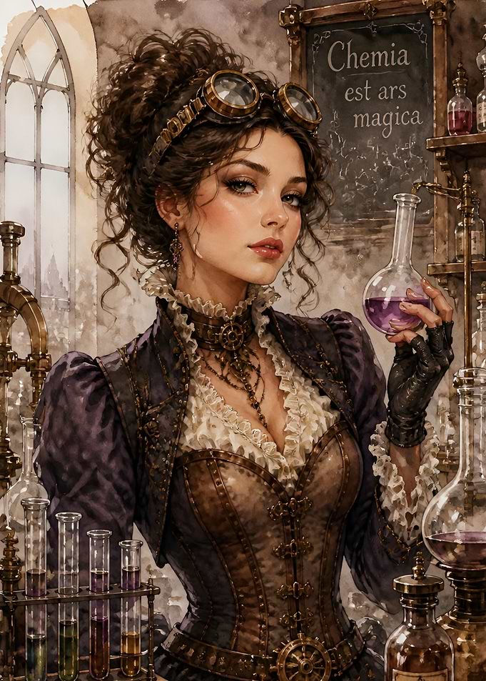 Steampunk Alchemist Woman in Laboratory