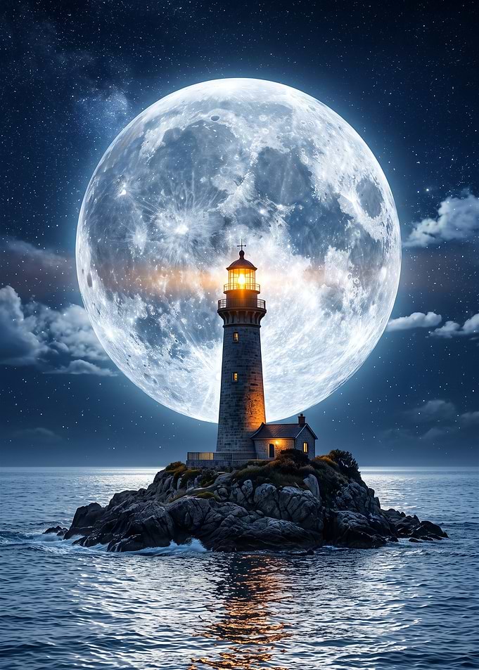 Lighthouse Under a Giant Full Moon