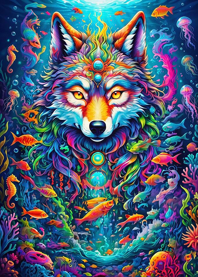 Psychedelic Wolf Ocean Poster Art