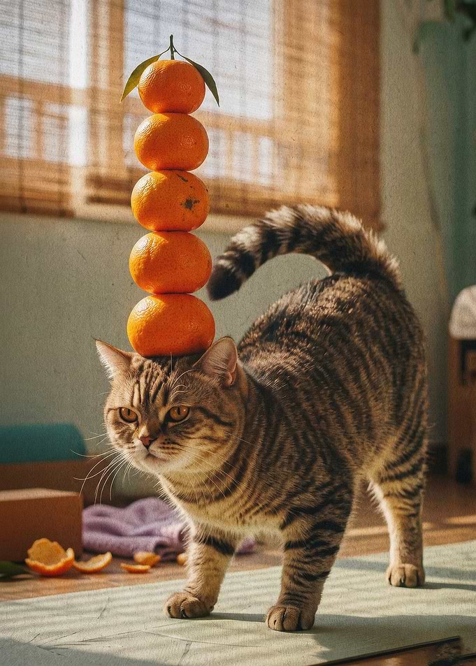 Cat Balancing Oranges Cozy Poster