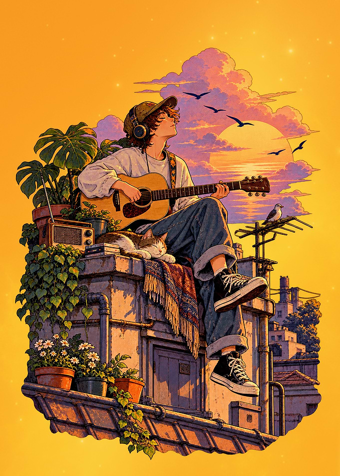 Boy playing guitar on rooftop sunset