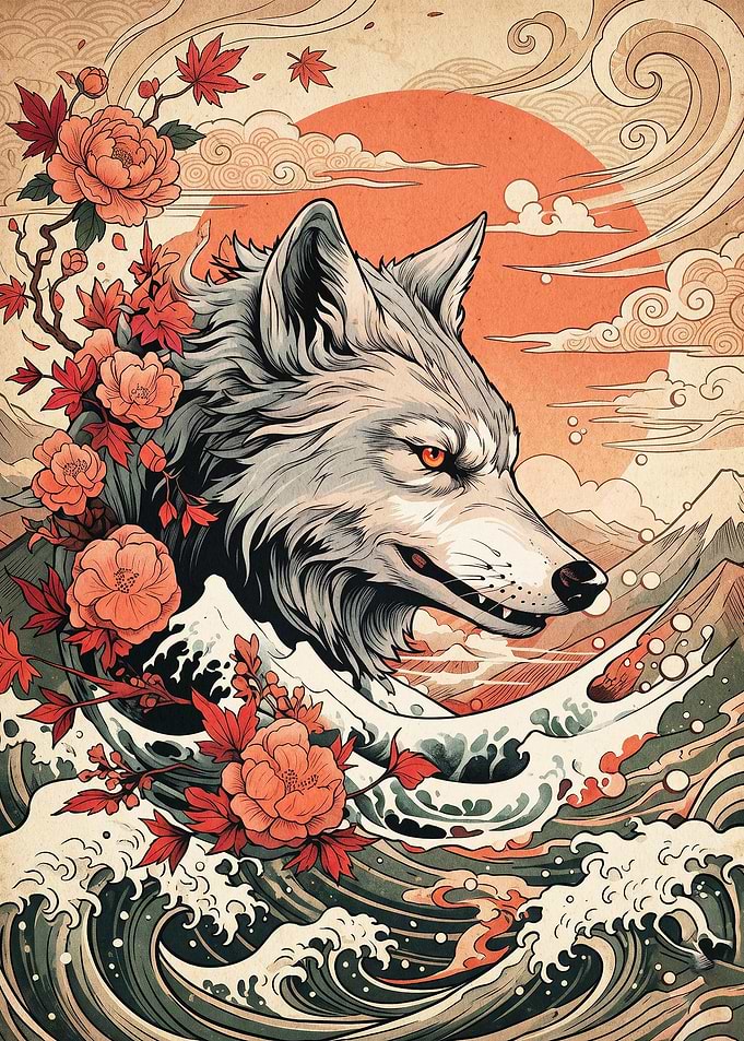 Wolf Japan Art Ukiyo-e Poster
