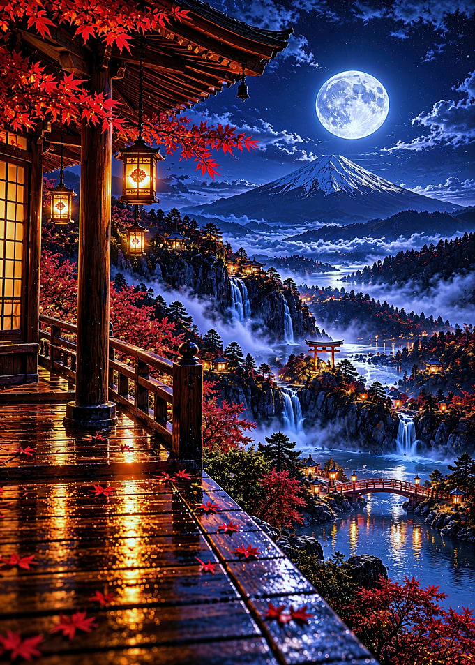 Moonlit Japanese Temple and Mountain Landscape