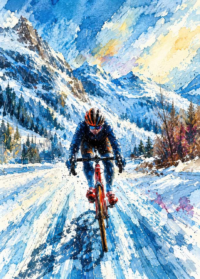Cyclist Riding Through Snowy Mountains