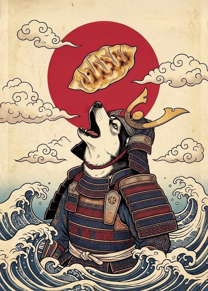 Samurai Husky Catching a Gyoza